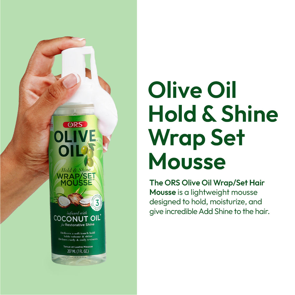 ORS Olive Oil Hold & Shine Wrap Set Mousse Infused with Coconut Oil for Restorative Shine (7.0 oz)