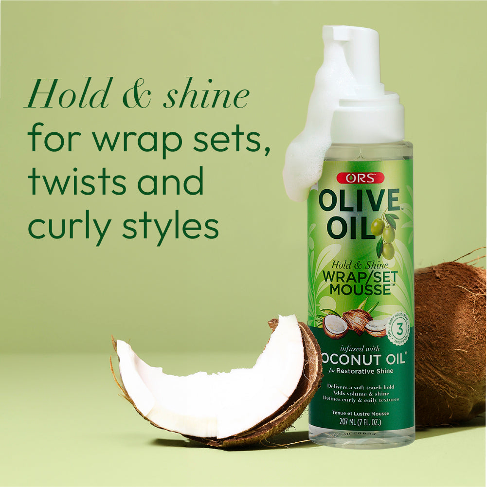 ORS Olive Oil Hold & Shine Wrap Set Mousse Infused with Coconut Oil for Restorative Shine (7.0 oz)