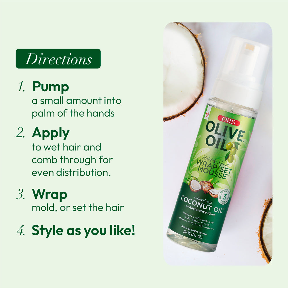 ORS Olive Oil Hold & Shine Wrap Set Mousse Infused with Coconut Oil for Restorative Shine (7.0 oz)