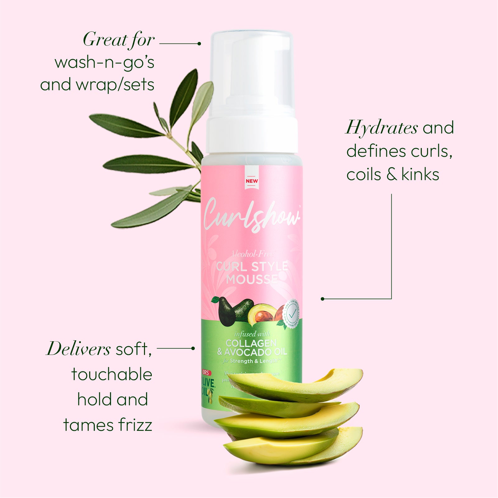 ORS Olive Oil Curlshow Curl Style Mousse Infused with Collagen & Avocado Oil for Strength & Length, Alchohol Free (7.0 oz)