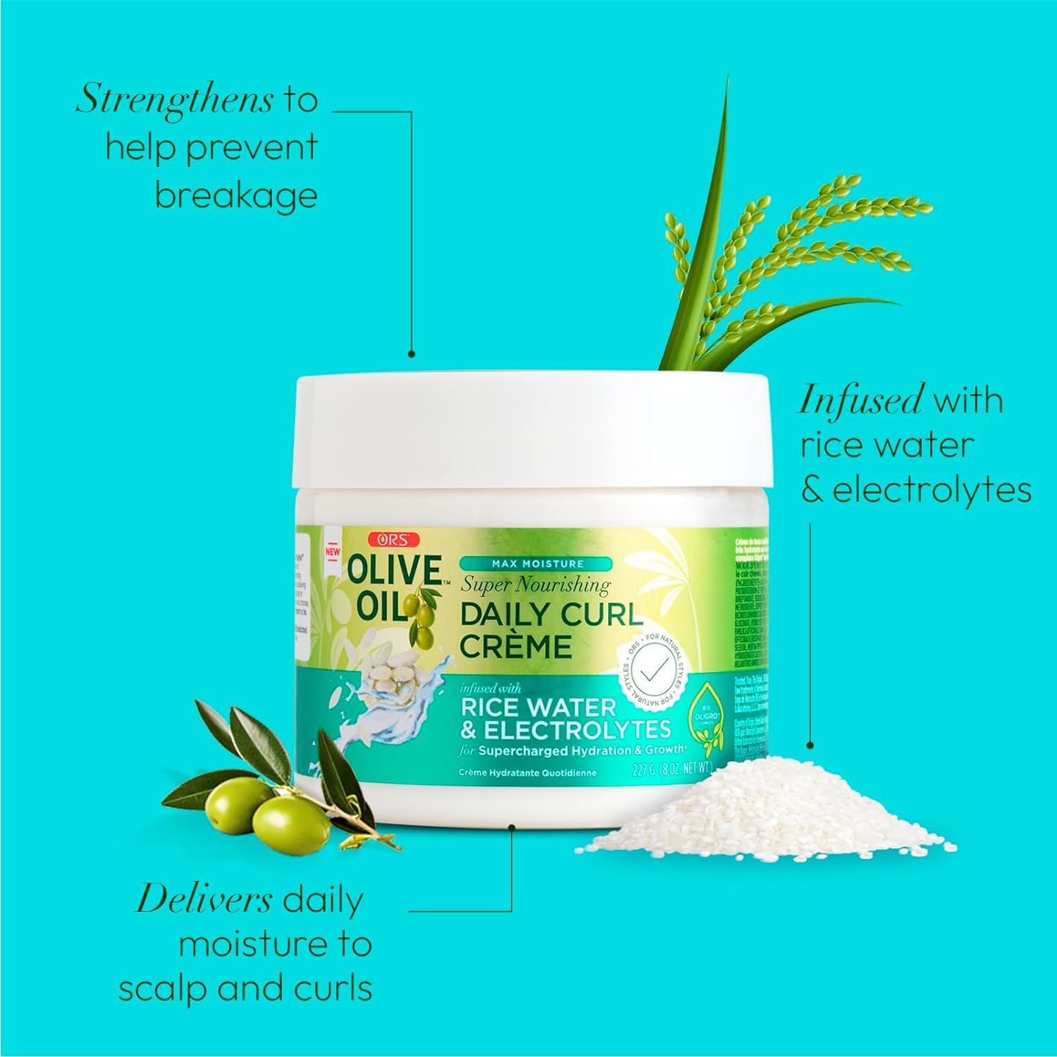 Max Moisture Super Nourishing Daily Curl Crème infused with Rice Water & Electrolytes for Supercharged Hydration & Growth (8.0 oz)