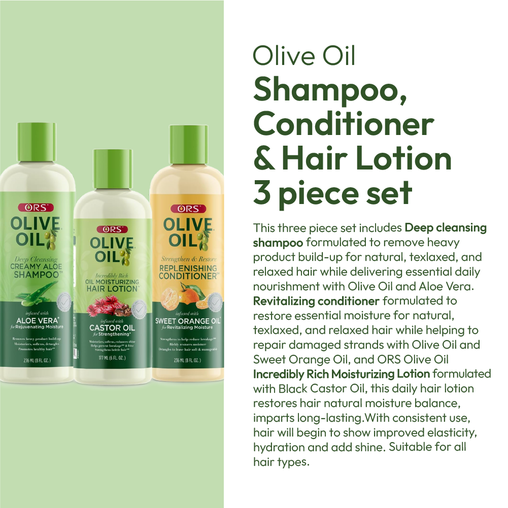 ORS Olive Oil Shampoo, Conditioner & Hair Lotion for Moisture & Strengthening 3-Pack