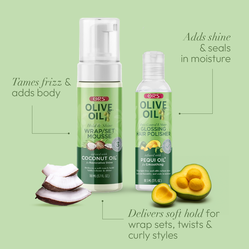 ORS Olive Oil Hair Polisher &amp; Wrap Set Mousse for Smoothing &amp; Restorative Shine 2-Pack