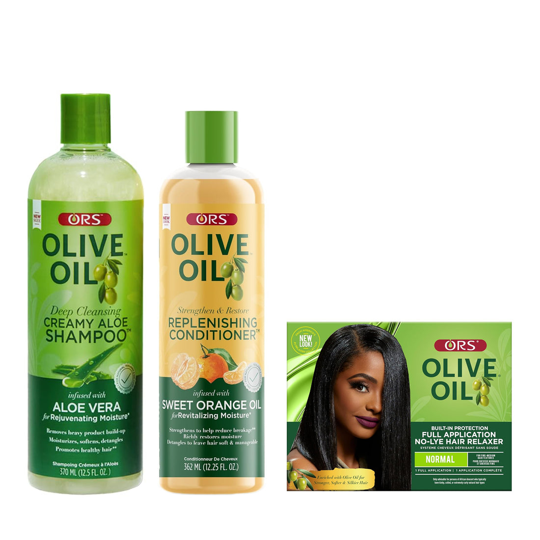 ORS Olive Oil Shampoo, Conditioner &amp; Full Application No-Lyer Relaxer 3-Pack