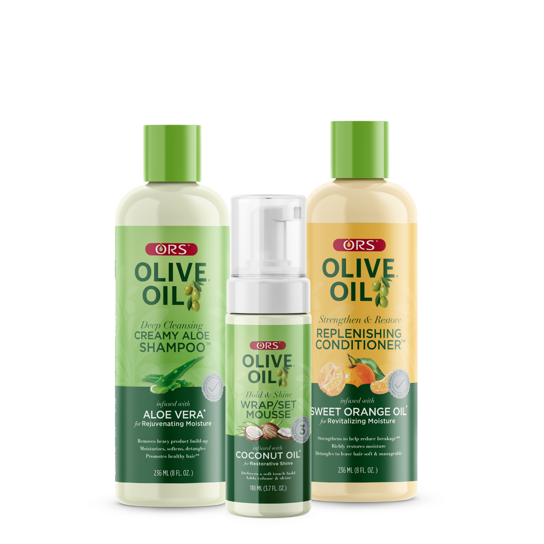 ORS Olive Oil Shampoo, Conditioner &amp; Wrap Set Mousse 3-Pack