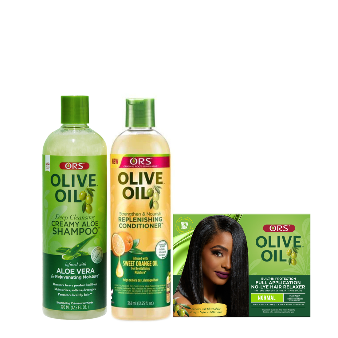 ORS Olive Oil Shampoo, Conditioner &amp; Full Application No-Lyer Relaxer 3-Pack