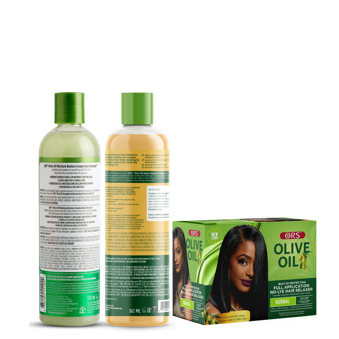 ORS Olive Oil Shampoo, Conditioner &amp; Full Application No-Lyer Relaxer 3-Pack