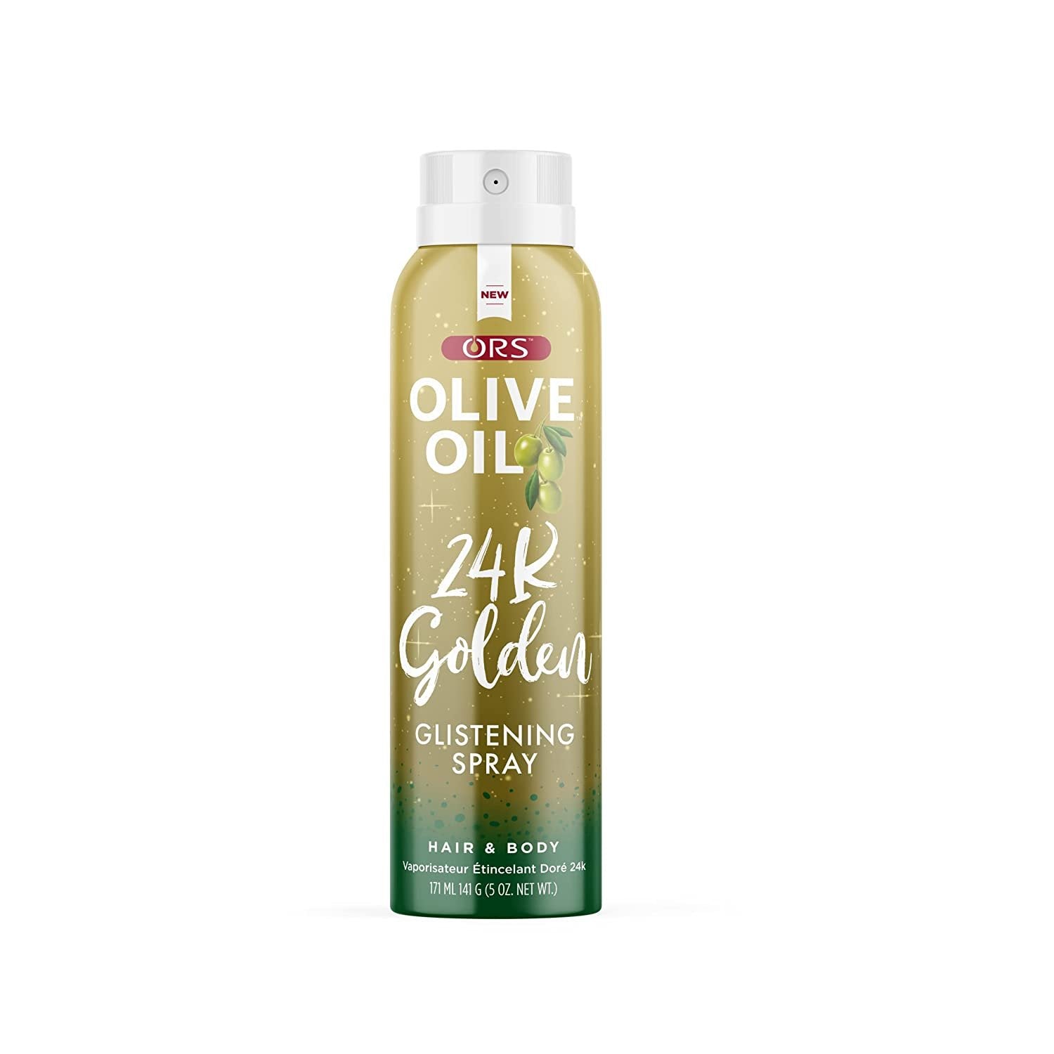 ORS Olive Oil Style &amp; Shine 24k Golden Glistening Spray infused with Golden Glitter Flakes for Hair &amp; Body Shimmer (5.0 oz)